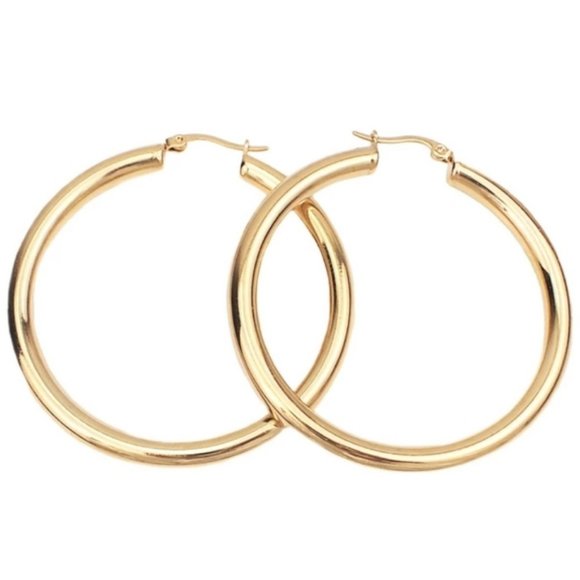 NEW 18K Yellow Gold Round 2'' Tube Hoop Earrings - Picture 9 of 9